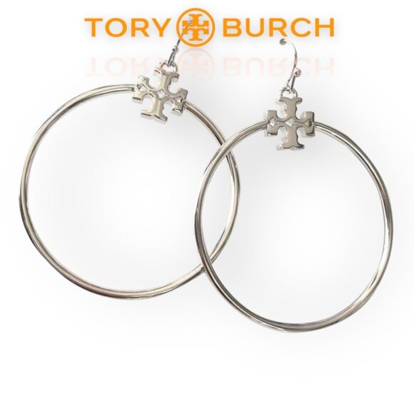 NEW! Tory Burch Silver Stacked T Logo Hoop Earrings - Picture 3 of 4
